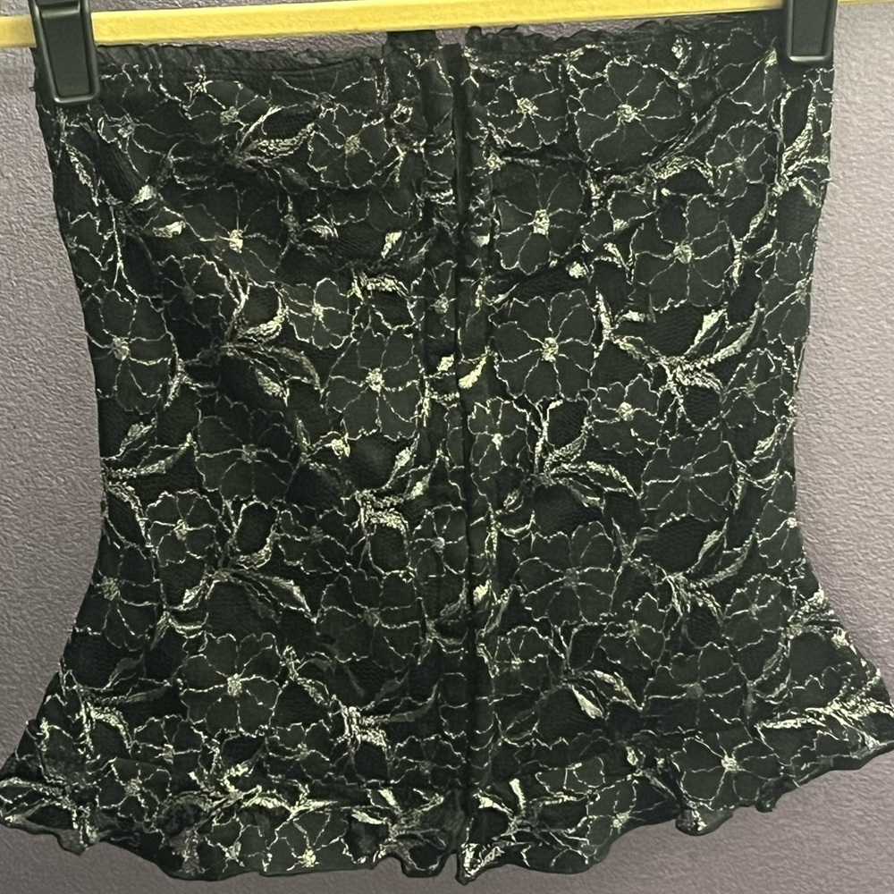 Mandee Vintage Black Silver Lace ruffle bustier Bandeau crop Top Cami Cropped